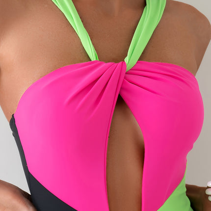 New European and American foreign trade cross-border tight one-piece swimsuit women's backless sexy hollow cross color matching Amazon swimsuit