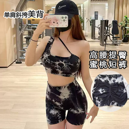 Seamless Fitness Suit High-Waisted Tie-Dye Women's Tight Peach Butt-Lifting Shorts European and American Quick-Drying One-Shoulder Bra Two-Piece Set