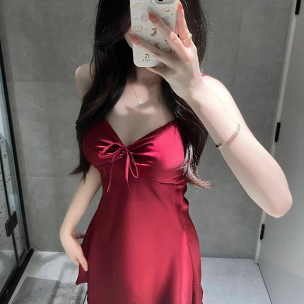 Aura* Romantic Pure Lust Style Ice Silk Pajamas for Women Spring and Summer Sexy Bow Suspender Nightgown with Breast Pads