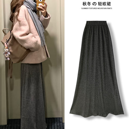Black Fishtail Skirt for Women in Spring & Fall, Velvet Elegant A-Line Skirt, High Waist Hip Skirt, Slimming Look Knitted Mid-Length Skirt
