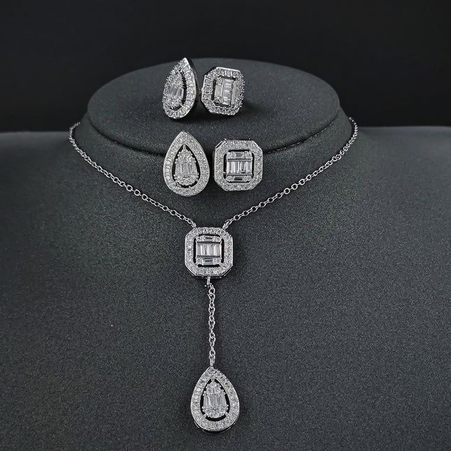 Amazon Fashion Cross-border New Square Long Zircon Earrings Ring Necklace Jewelry Three-piece Set j6138