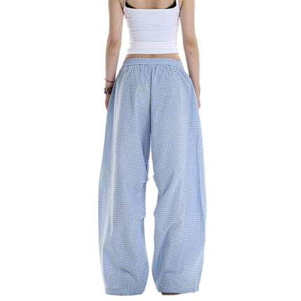 Fun Towel Embroidered Puppy Plaid Casual Pants for Women in Autumn, Lazy Style, Loose Slimming Straight Drape Walking Pants