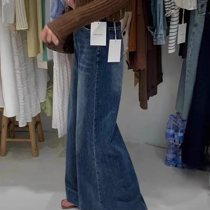 Stretch Large Wide Leg Retro Jeans Women's Autumn 2024 New High Waist Loose Slimming All-match Elegant Mop Pants