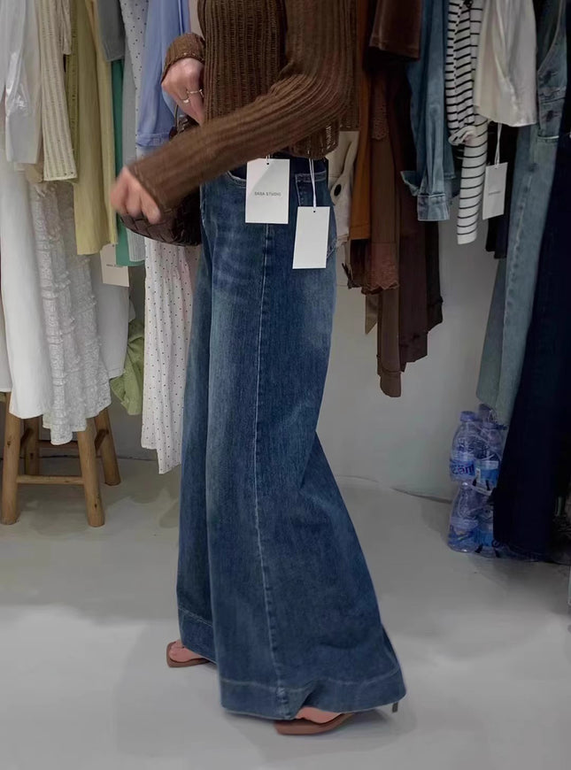 Stretch Large Wide Leg Retro Jeans Women's Autumn 2024 New High Waist Loose Slimming All-match Elegant Mop Pants