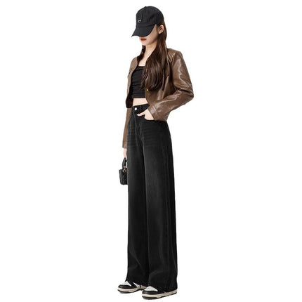 Black Grey High Waist Wide Leg Jeans Women's Straight Loose Trendy All-match New Casual Slim-fit Long Pants
