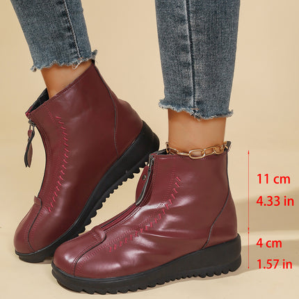 Cross-Border Export Large Size Snow Boots for Middle-Aged and Elderly Soft Leather Boots with Zipper and Velvet Thick Sole Warm Wedge Short Boots Mom Boots