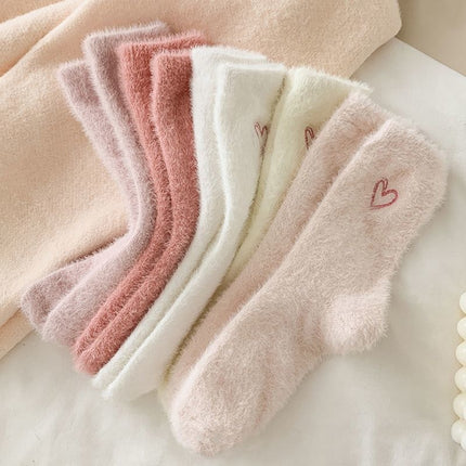 Socks women's mid-tube socks autumn and winter thickened love mink velvet embroidery sleep floor socks winter warm stockings