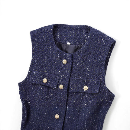 European and American 2024 New Autum Women's Retro Sleeveless Slim Fit with Belt Sequin Textured Vest 9298725