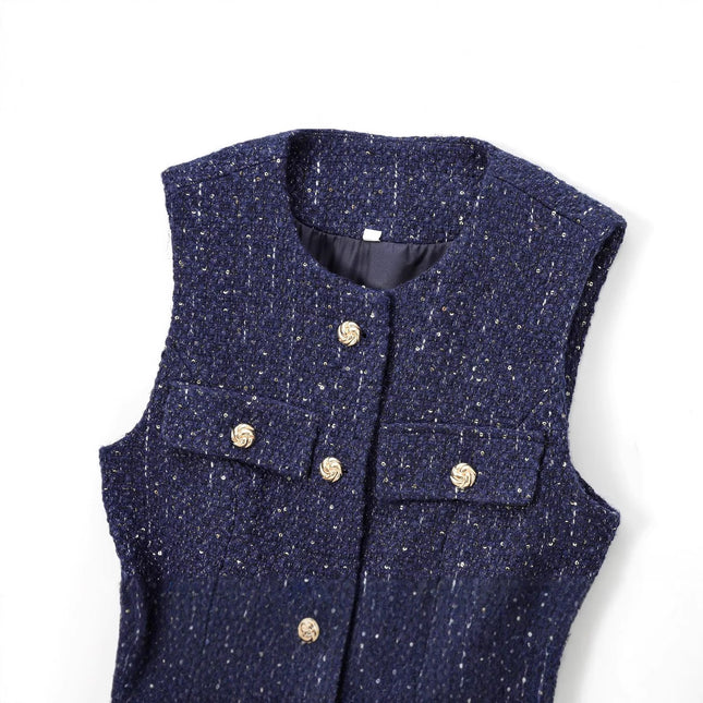 European and American 2024 New Autum Women's Retro Sleeveless Slim Fit with Belt Sequin Textured Vest 9298725