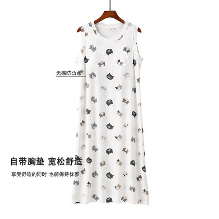 Cartoon Padded Cut-Sleeve Extended Nightgown for Women Summer Thin Printed Can Be Worn Outside Anti-Bump Pajamas Spring