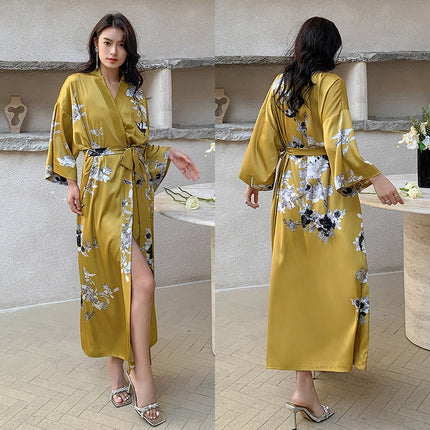 Yaoting New Style Satin Pajamas Women's Summer Large Size Light Luxury Seven-point Sleeve Cool Nightgown Bathrobe Home Clothes Women's WP2669