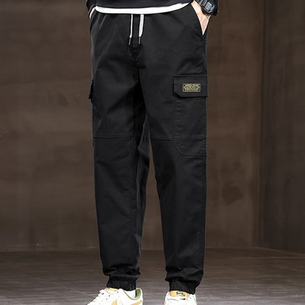 Autumn thick men's loose drawstring multi-pocket overalls fashion brand cotton leggings casual pants in stock