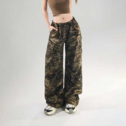 American Camouflage Cargo Pants for Women 2025 Summer New Style Adjustable Waist and Leg Binding Versatile Loose Slimming Casual Pants