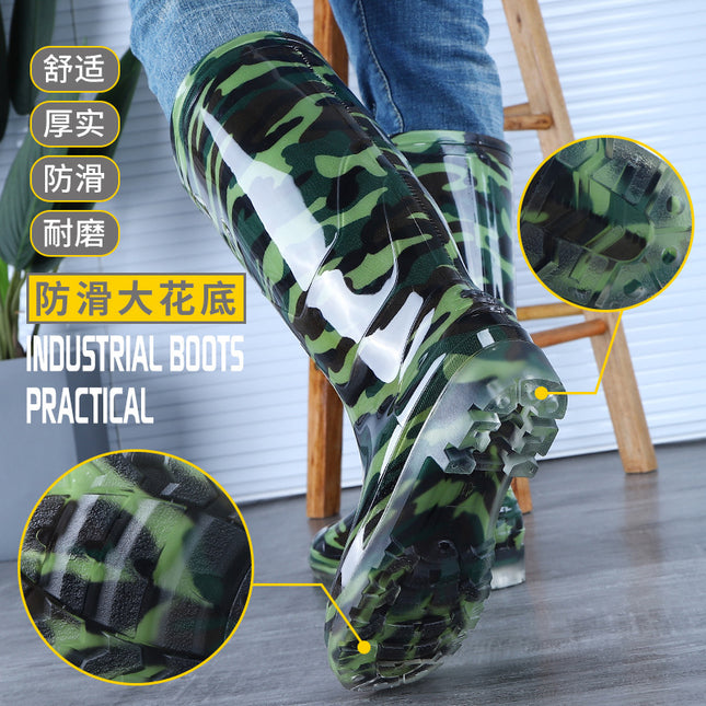 Camouflage rain boots men's high water boots fleece-lined mid-calf waterproof rain boots construction site kitchen rubber shoes short fishing water boots