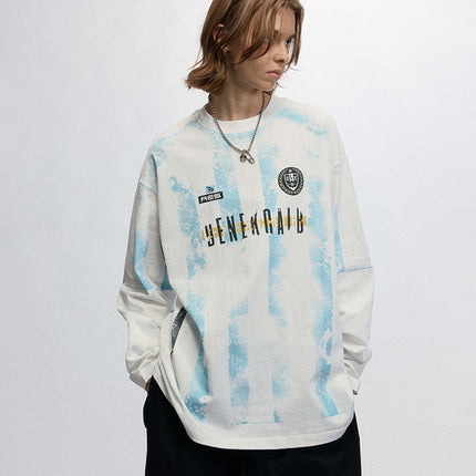 # Ovdy Autumn and Winter American Jersey Retro Print Long-Sleeve T-Shirt Hand-Brushed Silk Screen Print Trendy Brand Top