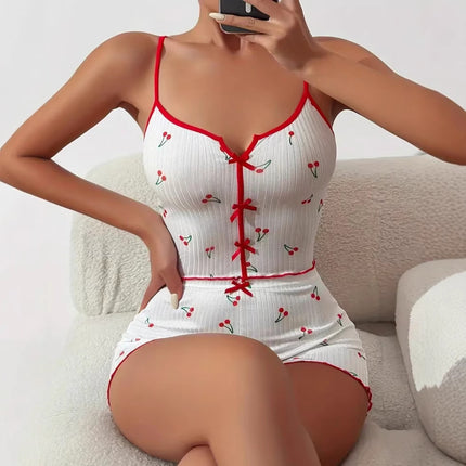 2024 Amazon AliExpress New Product Heart-shaped Printed Contrast Home Clothes Front Split Sling Pajamas suit