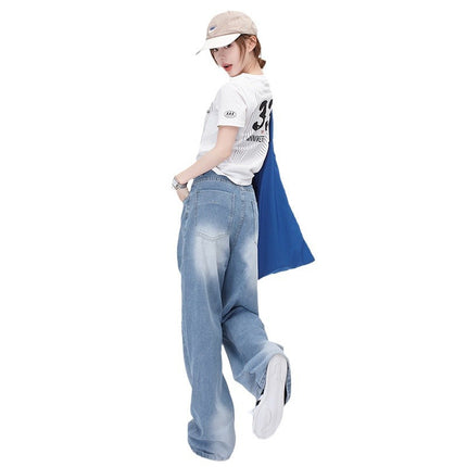 American Style Vintage High Street Washed White Light Jeans Women's Loose Wide Leg Straight Jeans Pants & Exlonged