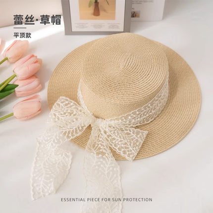 [Great Value] French Style Socialite Flat Top Hat 2025 New Summer Elegant Pearl String Sunshade Woven Straw Hat