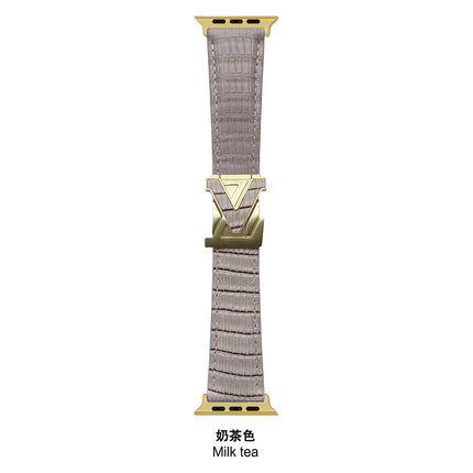 Suitable for Apple Watch 678910 Generation V-Shaped Magnetic Buckle Strap iWatch S11 Lizard Pattern Plaid Leather Wristband