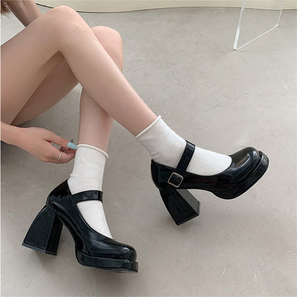 Mary Jane Women's Shoes with Chunky Heels, Waterproof Platform, Thick Sole, Height-Increasing, Japanese Style, Spicy Girl Temperament, French-Style Single Shoes, Women's Small Leather Shoes, Women's Shoes