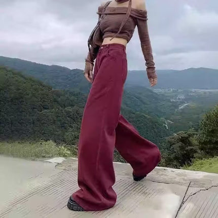 2025 Burgundy Wide-Leg Jeans for Women, Summer New Thin High-Waisted Loose Drape Denim Floor-Length Versatile Pants