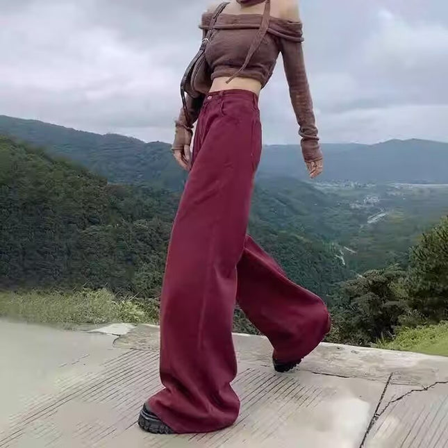 2025 Burgundy Wide-Leg Jeans for Women, Summer New Thin High-Waisted Loose Drape Denim Floor-Length Versatile Pants