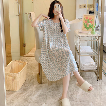 Cotton Silk Nightgown for Women, Summer Thin Short-Sleeved Printed Large Size Nightgown, Pregnant Women Can Wear It Outside, Cool Rayon Home Clothes