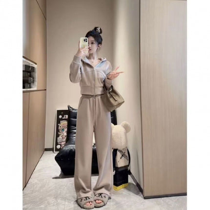2024 autumn and winter fleece-lined sports leisure suit zipper hooded vests wide leg casual pants Joker slim casual