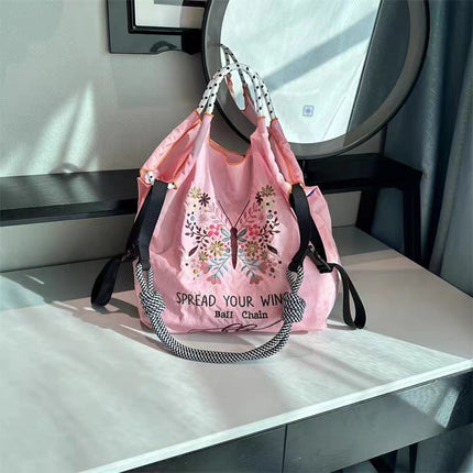 High-Quality Japanese-Style Ball Chain Eco-Friendly Shopping Bag Nylon Fabric Embroidered Floral Tote Nylon Canvas Bag