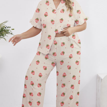 Cross-border Foreign Trade Special for Women's Pajamas Spring and Summer Fresh Strawberry Printed Lapel Two-piece Suit Casual Loose Home