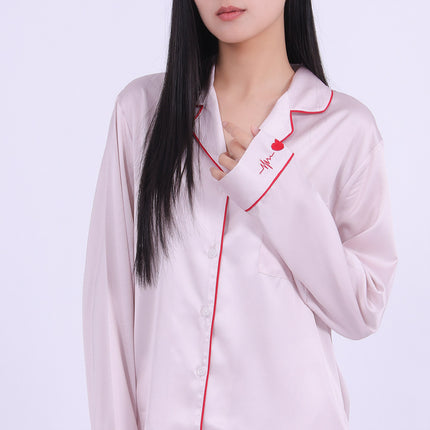 Factory in stock Spring and Summer Cool Ice Silk Pajamas Women Pink Embroidered Simple plus size Long Sleeve Home Wear suit