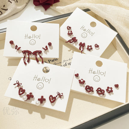Autumn and Winter Vintage Angora Red Silver Needle Earrings High-end Sense White Exquisite Sweet Elegant All-match Bow Earrings