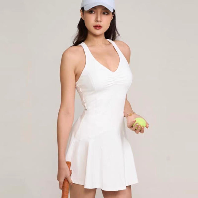 Cross-Border Lulu Tennis Skirt Suit for Women with Chest Pad and Back Cut Out Outdoor Badminton Wear Yoga Sports Dress