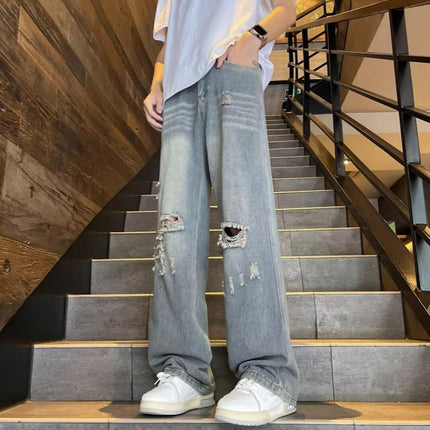 Vintage Distressed Ripped Jeans for Spring and Autumn, Loose Wide-Leg Floor-Length Straight Pants, Trendy Hot Item