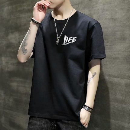 Men's Short-Sleeved T-Shirt 2023 Slim Fit Versatile Top Youth Korean Style Bottoming Shirt Printed T-Shirt Casual Round Neck