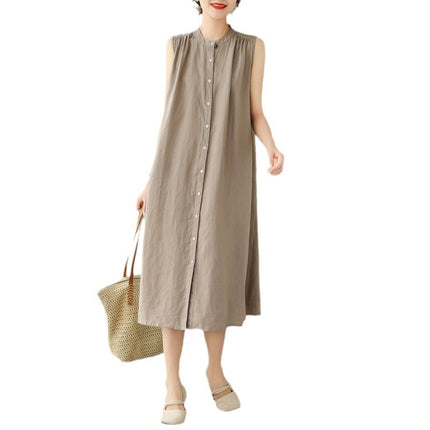 2024 Summer New Style Sleeveless Multi-Pleated Design Solid Color Mid-Length Dress for Women, Artistic Simple Cardigan Cotton and Linen Dress