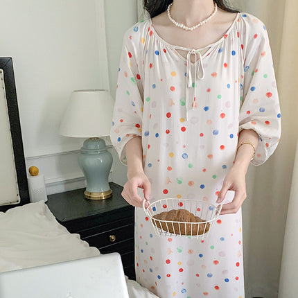 Mishiti Cotton Silk New Chinese Style Short-Sleeved Nightgown for Women, Summer Thin Style, National Style Cotton Silk Home Wear, Can Be Worn Outside