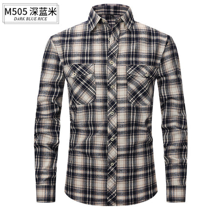 Spring and Summer Slim Amazon Fashion Brushed Plaid High-End Long-Sleeved Double Pocket Flannel Men's Shirt
