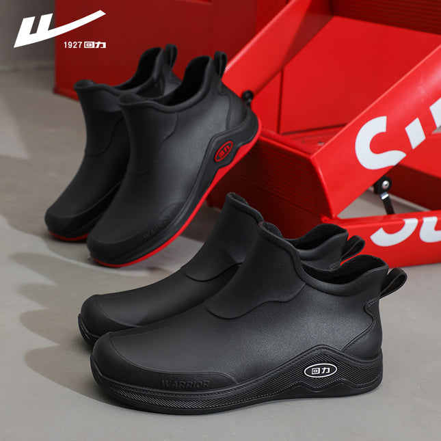Pull Back New Fashion Men's Rain Boots Short-Tube Rubber Shoes Water Shoes Non-Slip Wear-Resistant Car Wash Work Waterproof Shoes Warm Winter