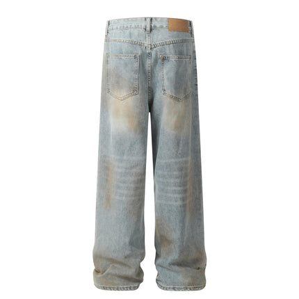 D1627 American Retro High Street Fashion Heavy-Duty Distressed Spray-Painted Design Loose-Fitting Unisex Denim Jeans