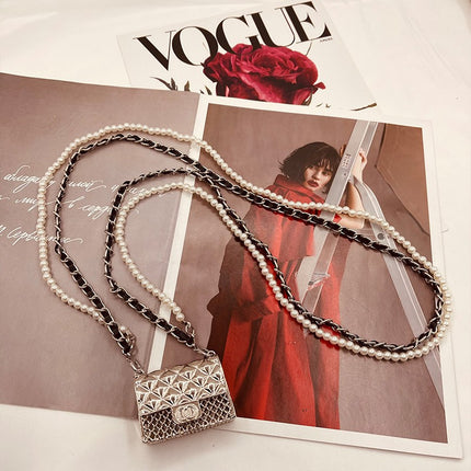 Internet Celebrity Chanel Style Mini Bag Women's Clothing Accessories Crossbody Bag Metal Diamond Plaid Pearl Chain Neck Bag