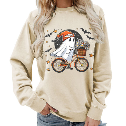 Amazon Source Ghost Riding a Bicycle Halloween Print Round Neck Women's Sweatshirt Casual Loose Fit