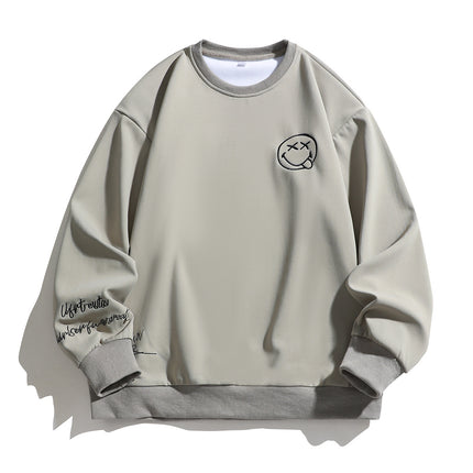 Smiley face embroidered heavy round neck sweater men's autumn new Japanese fashion brand all-matching boys plus size casual pullover