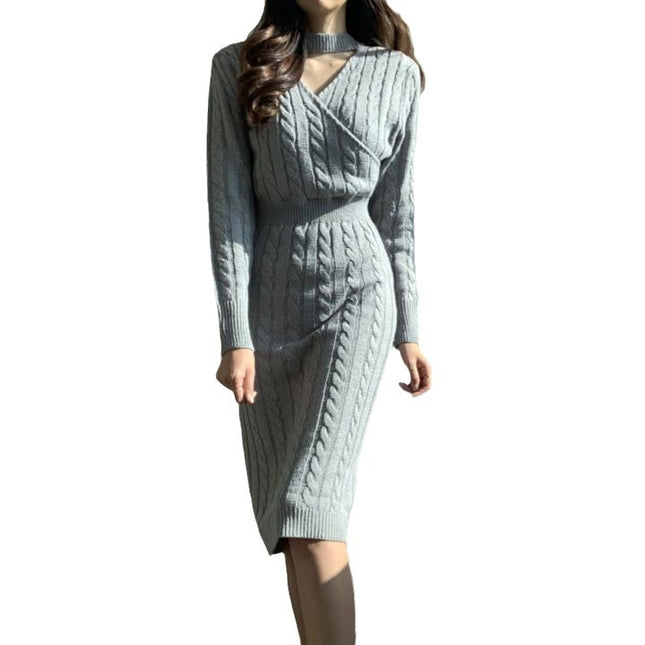 Front and Back Wearing Split Chic Distinctive All-Match Round Neck Hemp Pattern Design Cared Machine Sweater dress Women