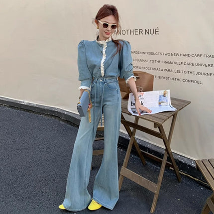 2025 Spring New High Waist Washed Jeans Women's Loose light blue Drawstring Micro-flared All-match Mop Pants
