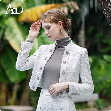 Autumn and winter fashion Chanel style tweed short coat women's skirt suit elegant socialite design white hip skirt