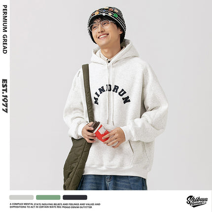 Autumn and winter American retro fleece-lined thickened hooded bathroom letter embroidered loose all-match casual niche long-sleeved top