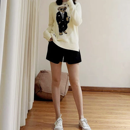 Pony~New Autumn and Winter Women's Round Neck Embroidered Sunglasses Cartoon Suit Bear Cute Age-Reducing Versatile Knitwear