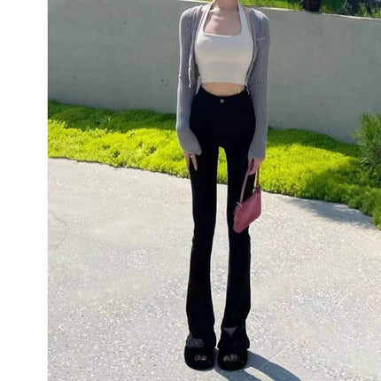 fleece-lined Thickened Black Micro-flare Jeans Women's Autumn and Winter Trendy All-match New High Waist Slimming Horn Pants