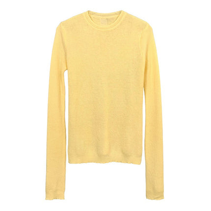 Reality Shot South Korea Dongdaemun Spring and Autumn Slim-fit Sexy Round Neck Micro-transparent Knitted Sweater Women's Long Sleeve T-shirt